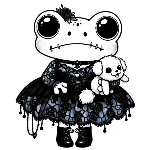 Gothy frog holding a fluffy white dog, wearing a black lacy dress and combat boots with a little flower in their hair.