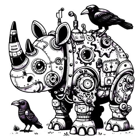 Robotic rhino and friend black birds in color