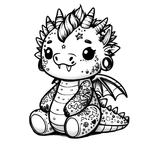 Cute snaggletoothed dinosaur gargoyle with gauged ears and tatts.