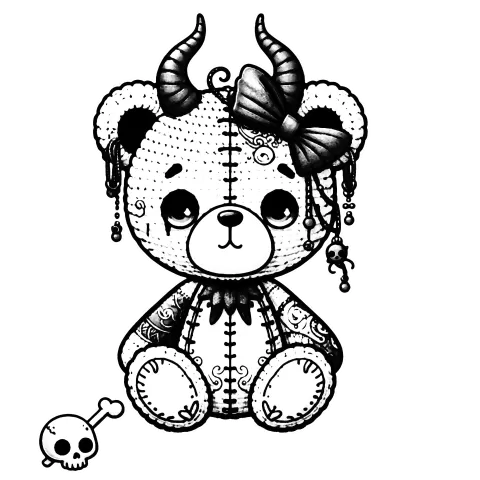 Amigurumi Beargoyle with a bow in her hair, earrings and horns, and little skull on the floor