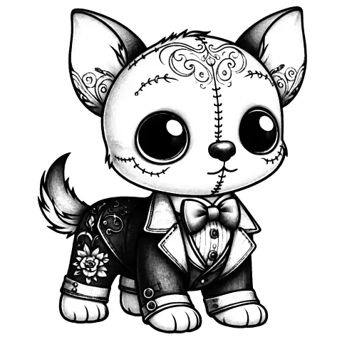 ChewChew the Dapper little Chihuahua with a decorated skull mask and a fancy suit.