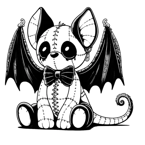 Stitched bat gargoyle with a bowtie.