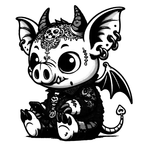 Gargoyle pig with wings and a devil tail playing on it's phone.