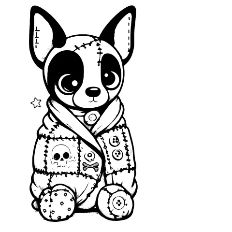 Cute dog stuffed animal with black spots curled up in a cozy patchwork blanket and slippers. He has a few stitches or scars on his head.