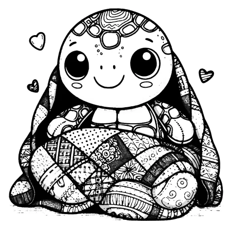 Turtle wrapped up in a patchwork blanket feeling cozy