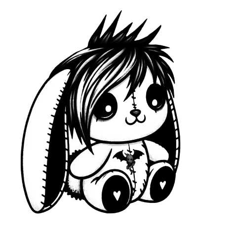 Emo bunny with long ears, spiky side swooped hair and a little bat tattoo.