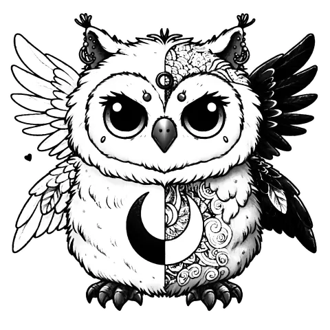 Owl with a moon on it's belly and two sets of wings. Left half light and right half dark.