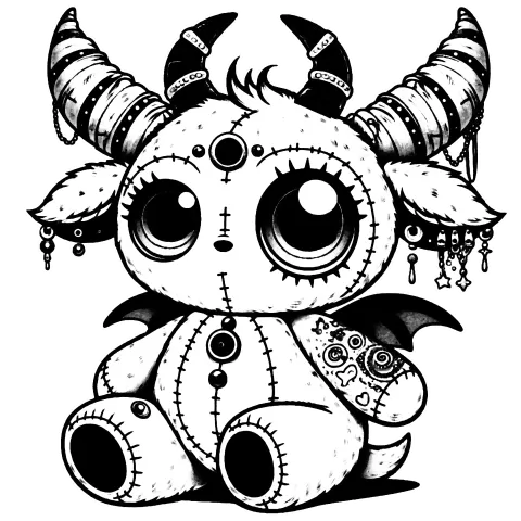 A Cute gargoyle with big eyes, an arm tattooed sleeve, and striped horns.