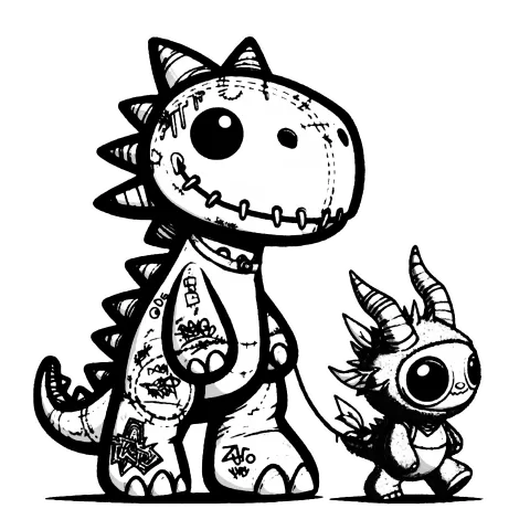 Tattooed spiked dinosaur walking a creature that has a fuzzy gargoyle costume on.