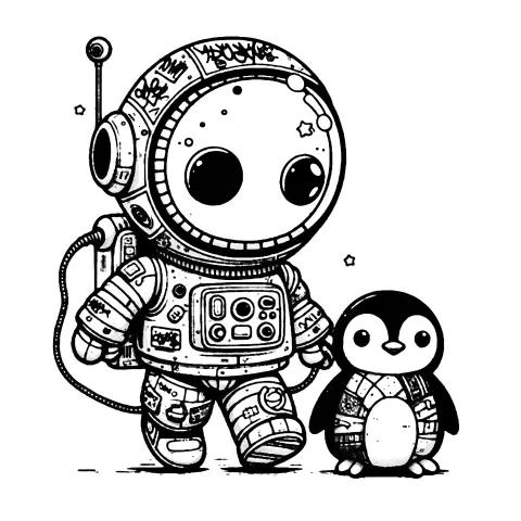 Graffitied astronaut helping a lost space penguin