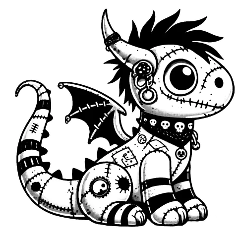 Pierced and tatted gargoyle dinosaur or dragon, with stripes and stitches.