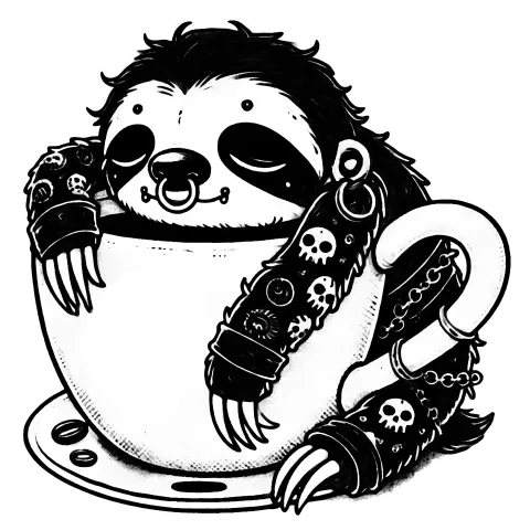 Cute sloth chained to a giant cup of coffee, relaxing on it