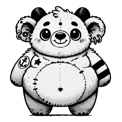 Chubby gargoyle teddy bear with a little sailor tattoo, horns and a belly.