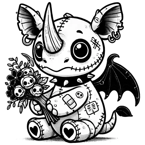 Rhino gargoyle with a bandaid and earrings giving flowers