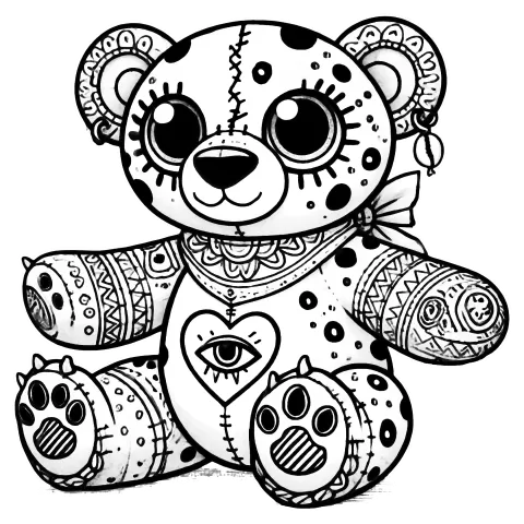 Jaguar teddy bear with tattoos, scars, and a bandana. Heart tattoo with an eye in it.