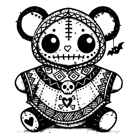 Teddy bear with a decorated poncho and a bat earring.