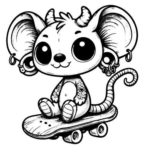 Tattooed mouse with horns, piercings and ear gauges sitting on a skateboard.