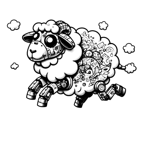 Robotic sheep jumping through the sky and making clouds through it's exhaust pipe e.g. a sheep that farts clouds.