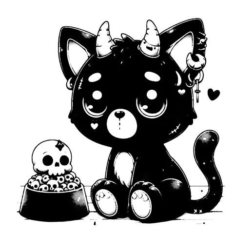 Black cat with horns eating skull kibble