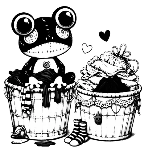 Two baskets of laundry with a stuffed animal frog sitting on top of the laundry