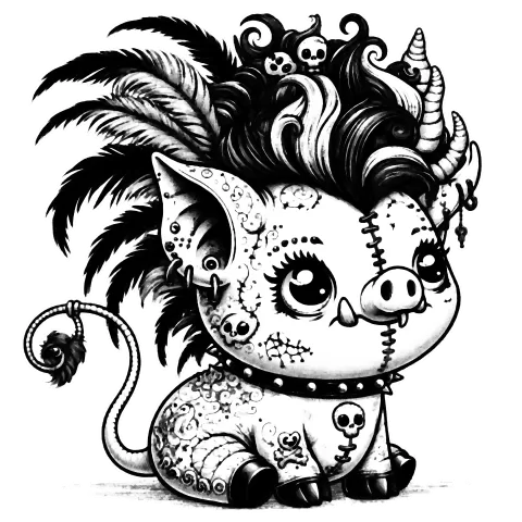 Tattooed pig with long hair and skull barrets