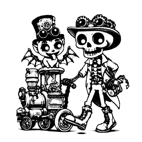 Steam punk skellie and weird gargoyle baby riding on a toy train stroller