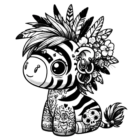 Zebra stuffed animal darkling with hoop earrings, and feathers and flowers on it's head