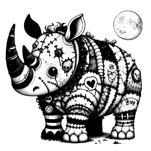 Patchwork rhino and a full moon