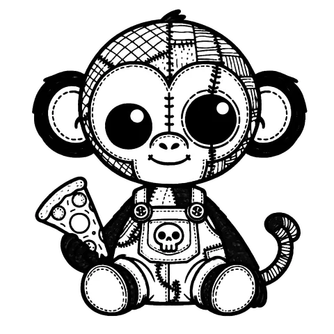Patchwork Monkey in overalls holding a slice of pizza