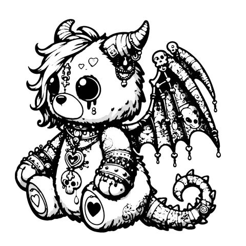 Tattooed teddy bear gargoyle with lacy wings and a dragon tail