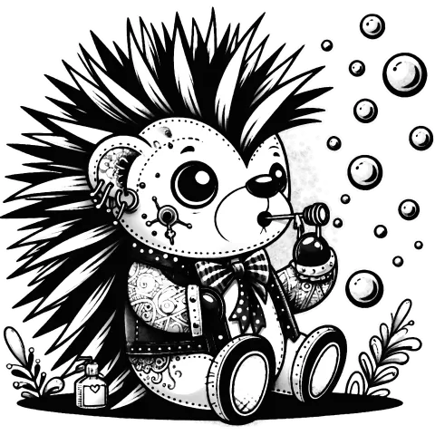 Cute hedgehog in a jacket blowing bubbles