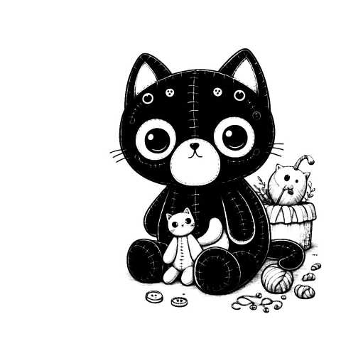 Black stitched cat, "Buttons", and his white toy stitched cat