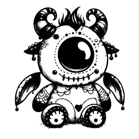 Gargoyle cyclops plushy with horns, a small mohawk and wings and one giant eyeball.
