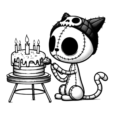 Stuffed animal cat with a skull cap eating birthday cake