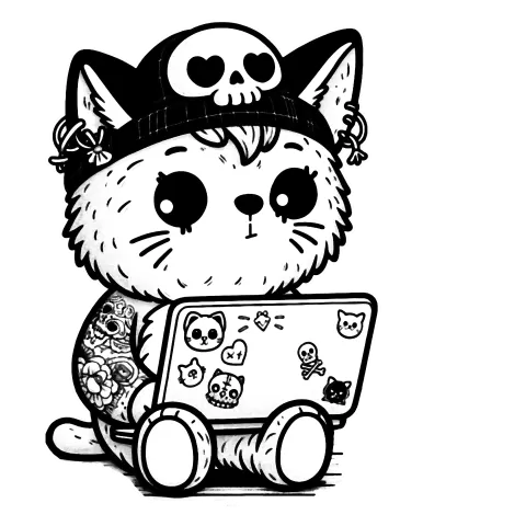 Hacker cat with a skull cap on a laptop with cat stickers on it