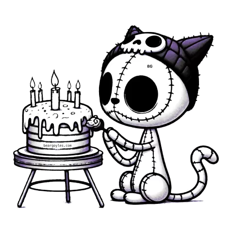 Skellie cat with a purple skull cap eating birthday cake with lit candles