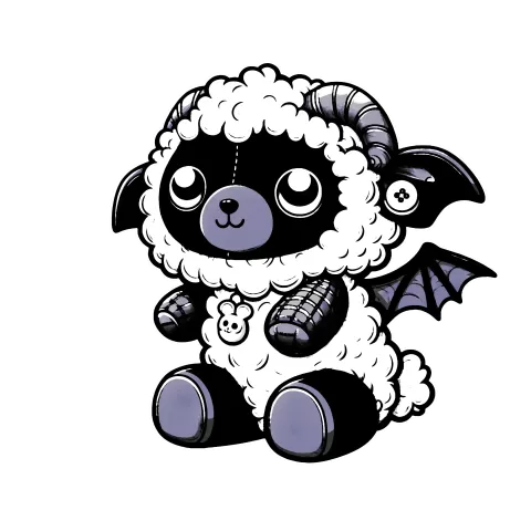 A black and white fluffy gargoyle sheep with a some buttons including a button shaped like a bunny. It has bat wings.