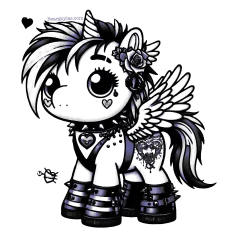 Pony with wings and a horn, a shaved eye brow, and strappy, spikey shoes. 