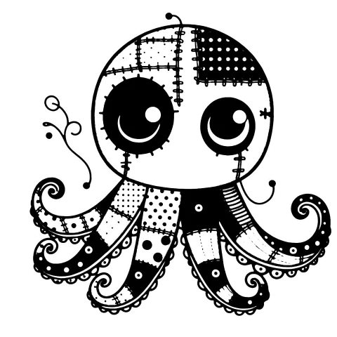 Patchwork octopus with stitches on it's face.