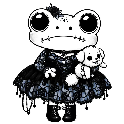 Gothy frog holding a fluffy white dog, wearing a black lacy dress and combat boots with a little flower in their hair.