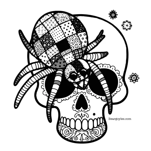 Patchwork spider on a sugar skull to color.