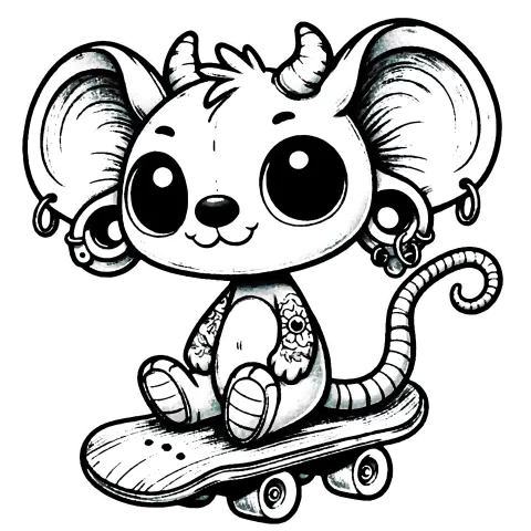 Finished art version of a beargoyle mouse named Scoot with double ear gauges, sitting on a skateboard.