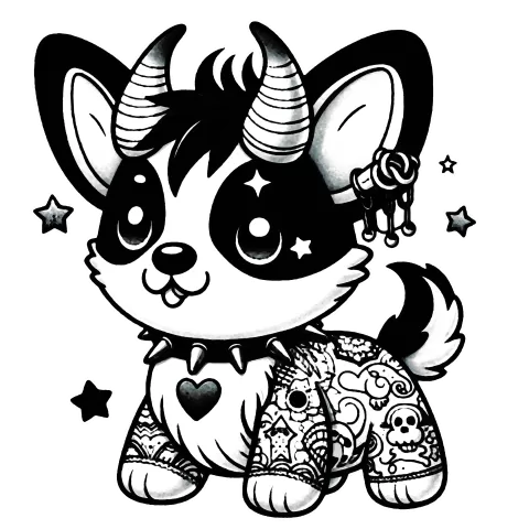 Corgie Gargoyle with horns and tattoos, finished version