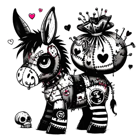 A patchwork striped and stitched donkey carrying a heavy bag full of pins with hearts on it.
