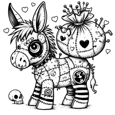 Patchwork donkey with a stitched sack on his back full of pins and needles and hearts.