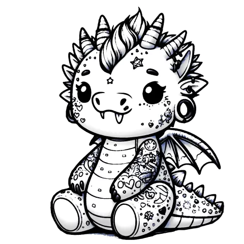 Dinogoyle #0137 has a tuft of hair, lots of stars and other other tattoos, gauged ears, and multiple horns, a happy expression and a snaggle tooth.