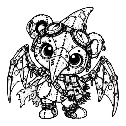Teddy bear pterodactyl gargoyle with a worn out scarf, goggles, and metal wings.