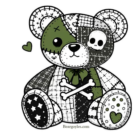 Patchwork skull and crossbones teddy bear with color and contrast.