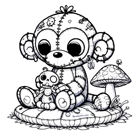 Sock monkey on a mushroom pad with a little sock skellie