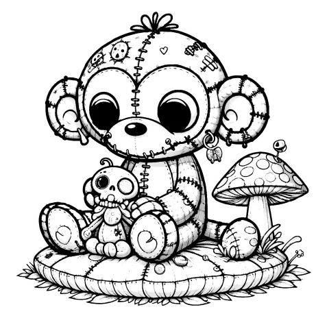Stitched sock monkey holding it's toy skeleton sock monkey.